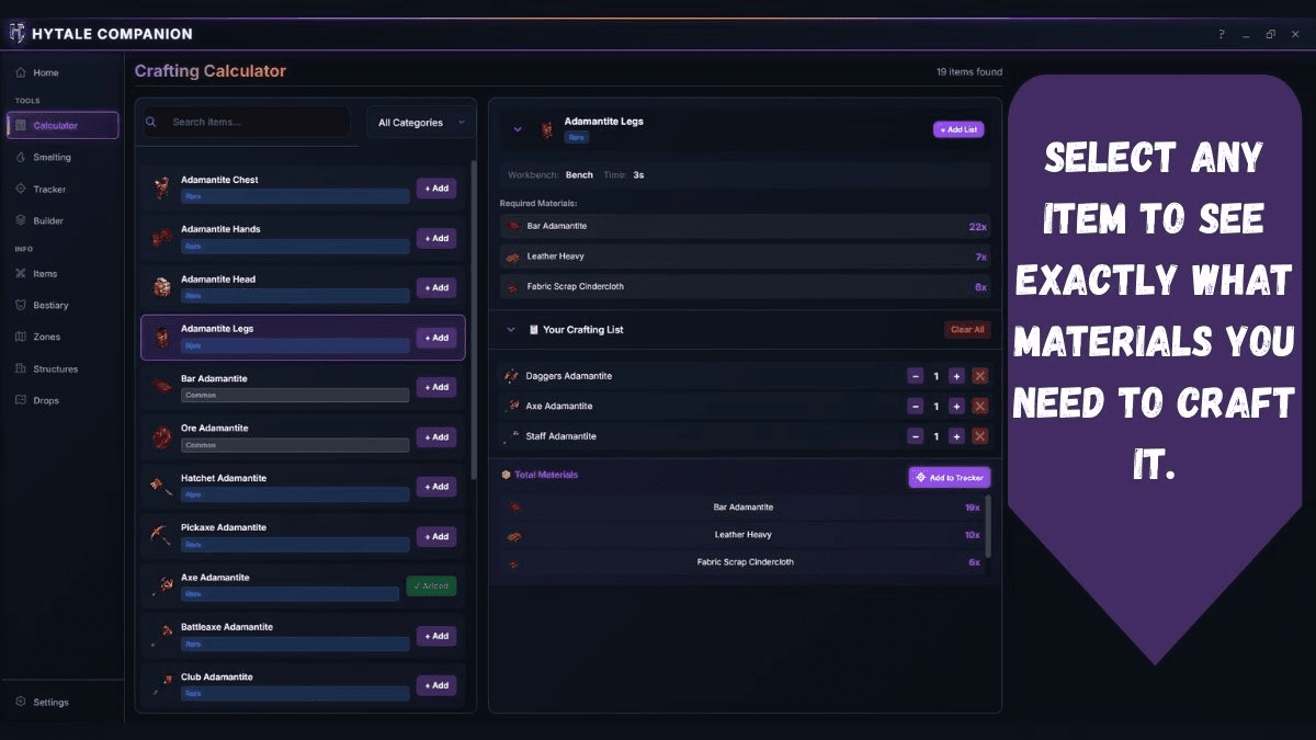 Hytale Companion - Crafting Calculator showing material requirements